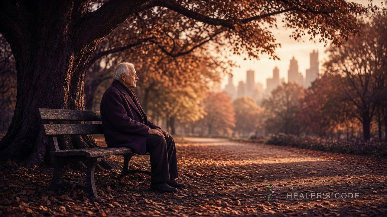 An older person sits on a park bench under a tree with hands resting open on their knees