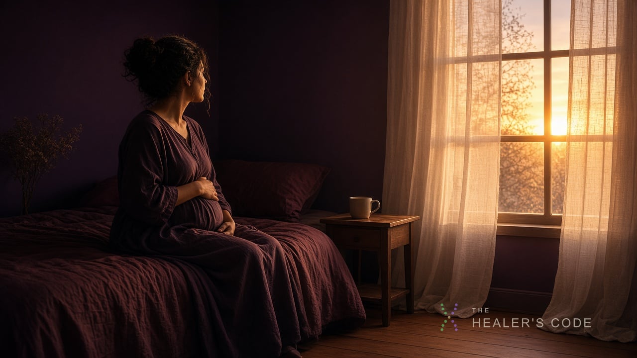Person sitting at sunrise with a hand on their belly, facing a window in a quiet bedroom