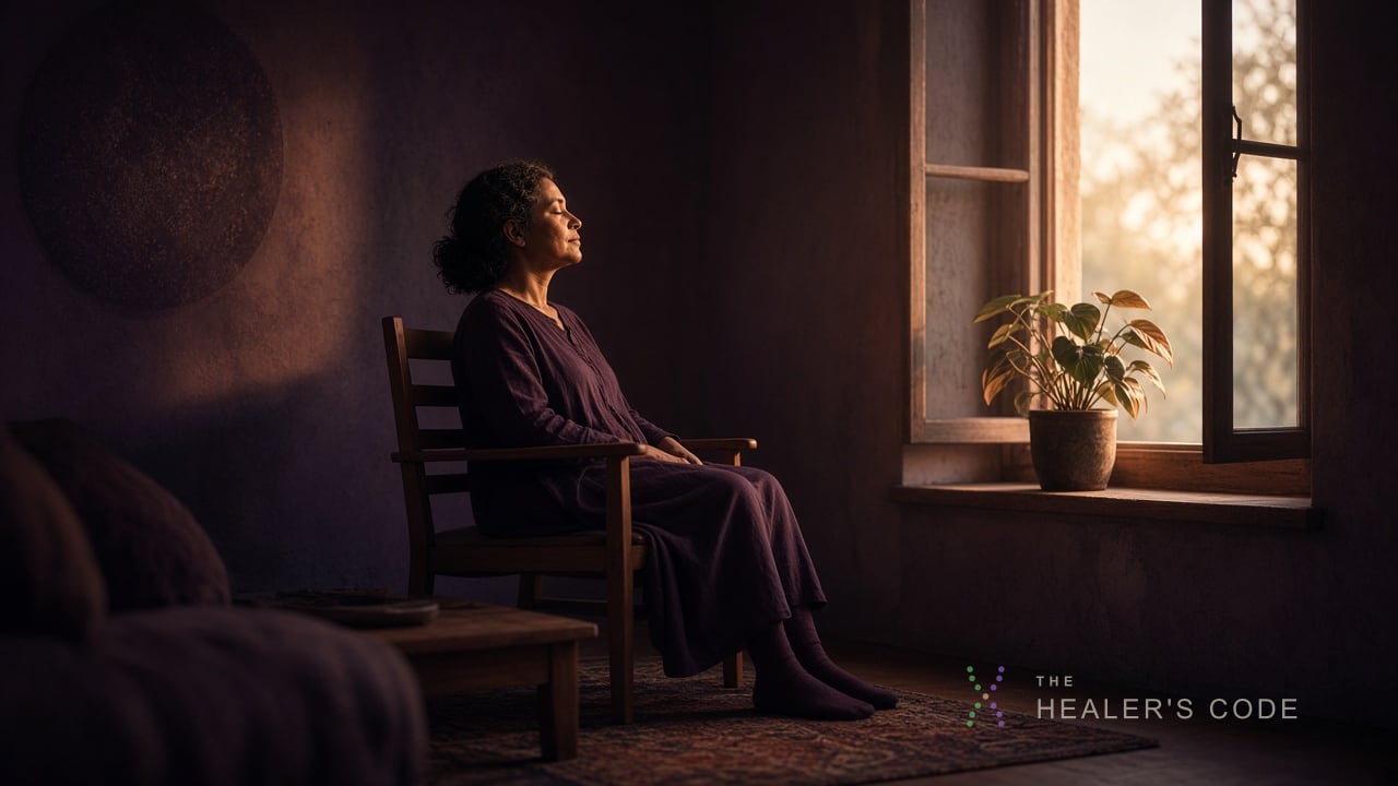 Person sitting in a wooden chair by a window with eyes closed and both feet on the floor