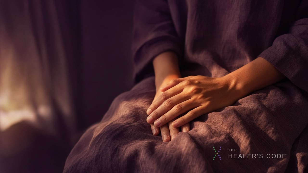 Hands resting loosely in a lap while the chest rises with a quiet breath