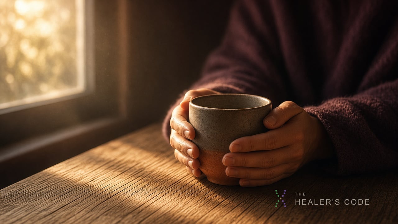 Hands holding a warm mug at a sunlit wooden table while someone sits in quiet thought