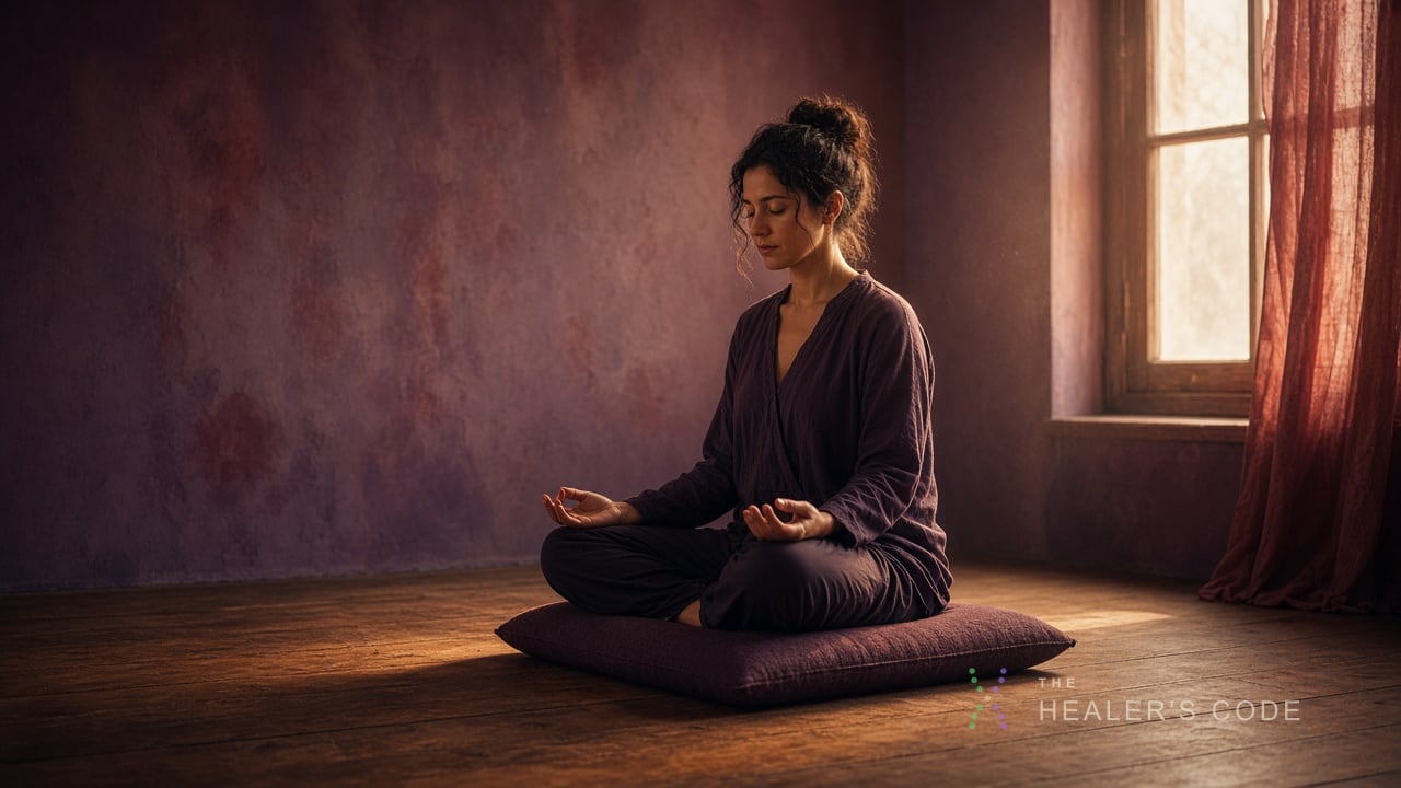 A person sitting in relaxed stillness on a cushion in a simple, sunlit room