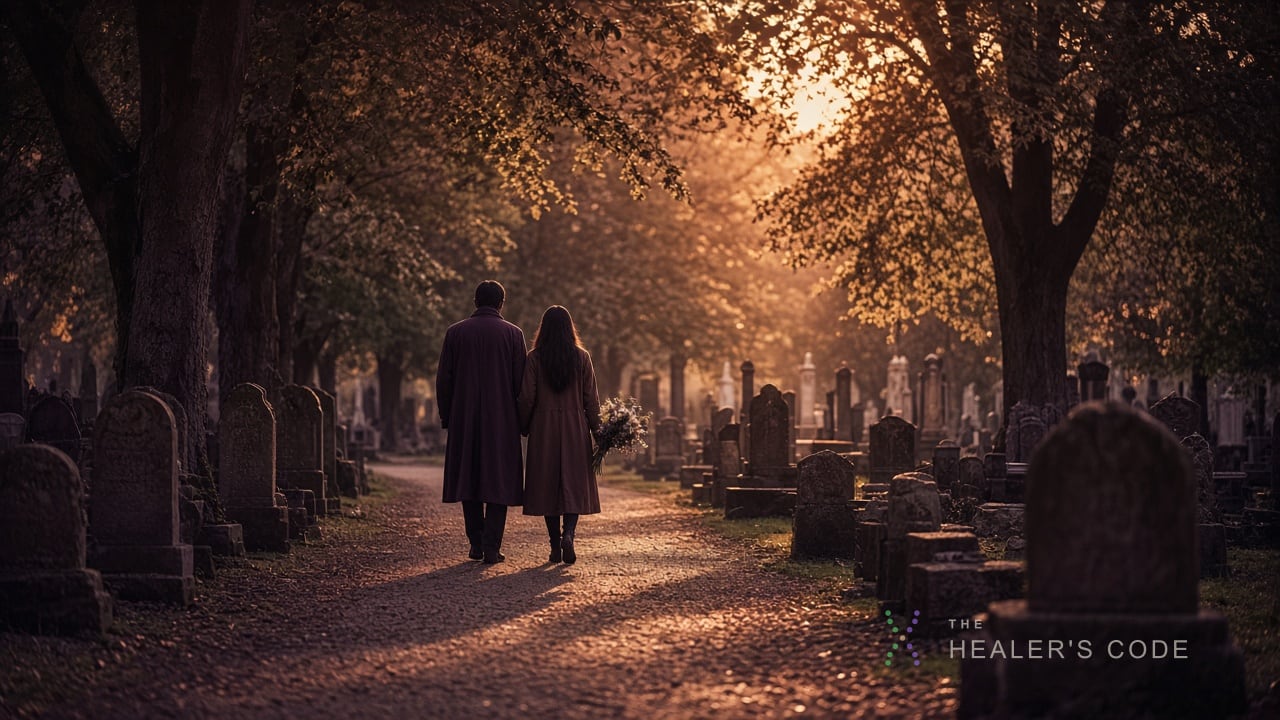 Late afternoon in a quiet cemetery under tall trees with golden light through the leaves, two people walking slowly on a