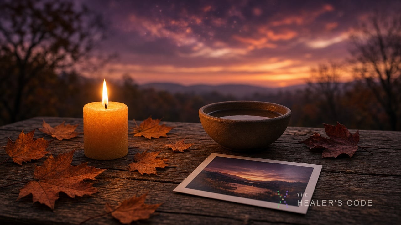 Outdoor wooden table with a candle, water bowl, autumn leaves, and a photograph