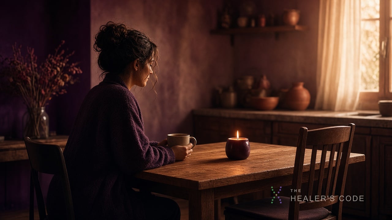 Person at a morning kitchen table with tea, a lit candle, and an empty chair