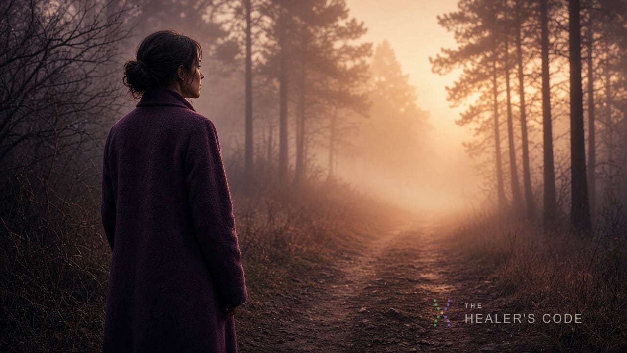 A person standing at a foggy forest trailhead at dawn, facing an open path
