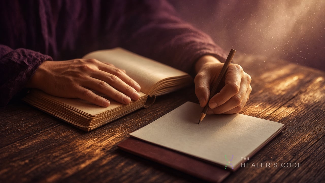 Hands on a wooden table, one on a prayer book and one holding a pencil over a notebook