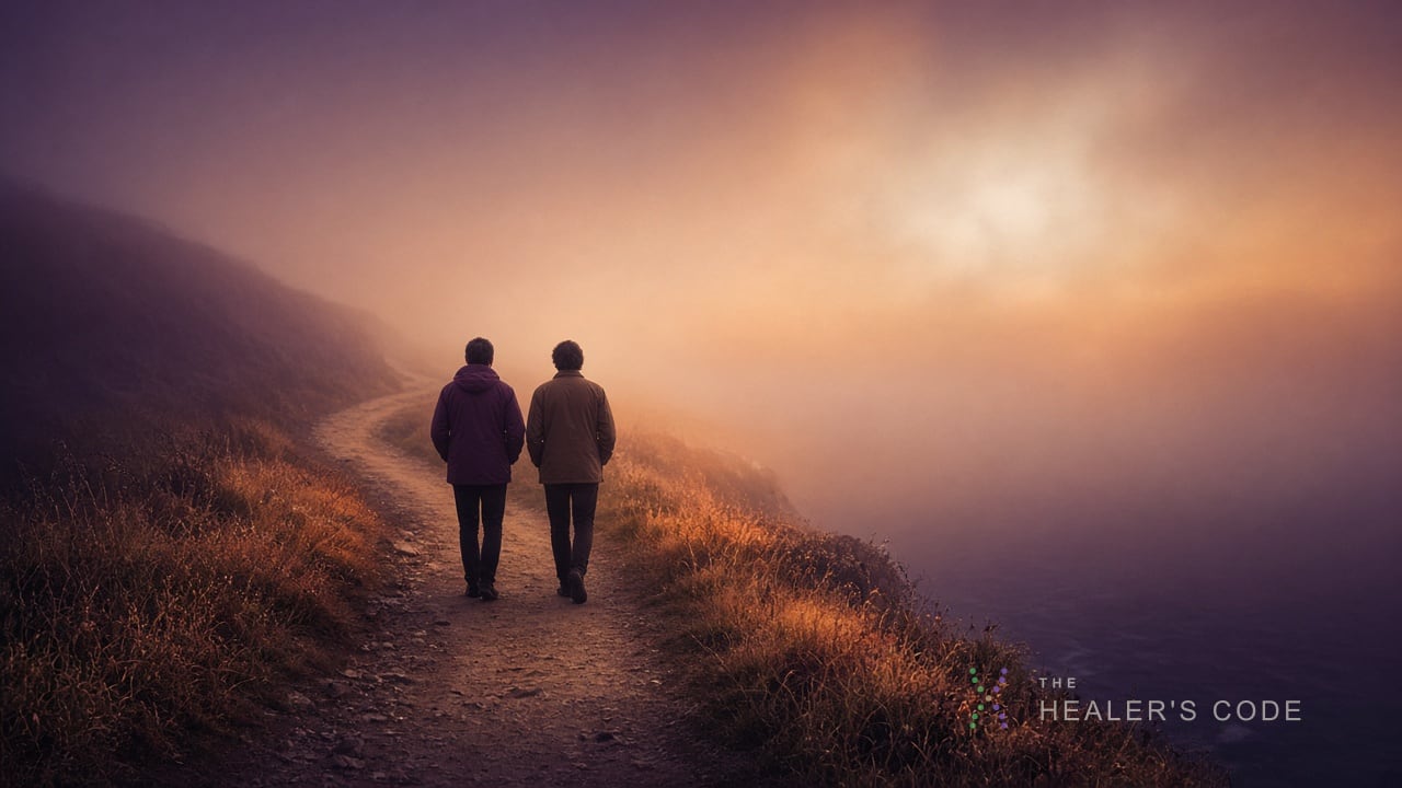 Two people walking a coastal path that disappears into morning sea mist
