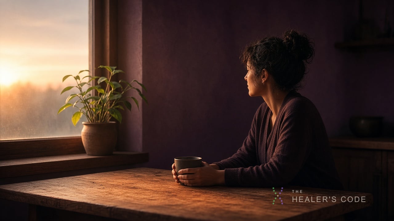 A person at a kitchen table in morning light, holding a mug and looking toward a window