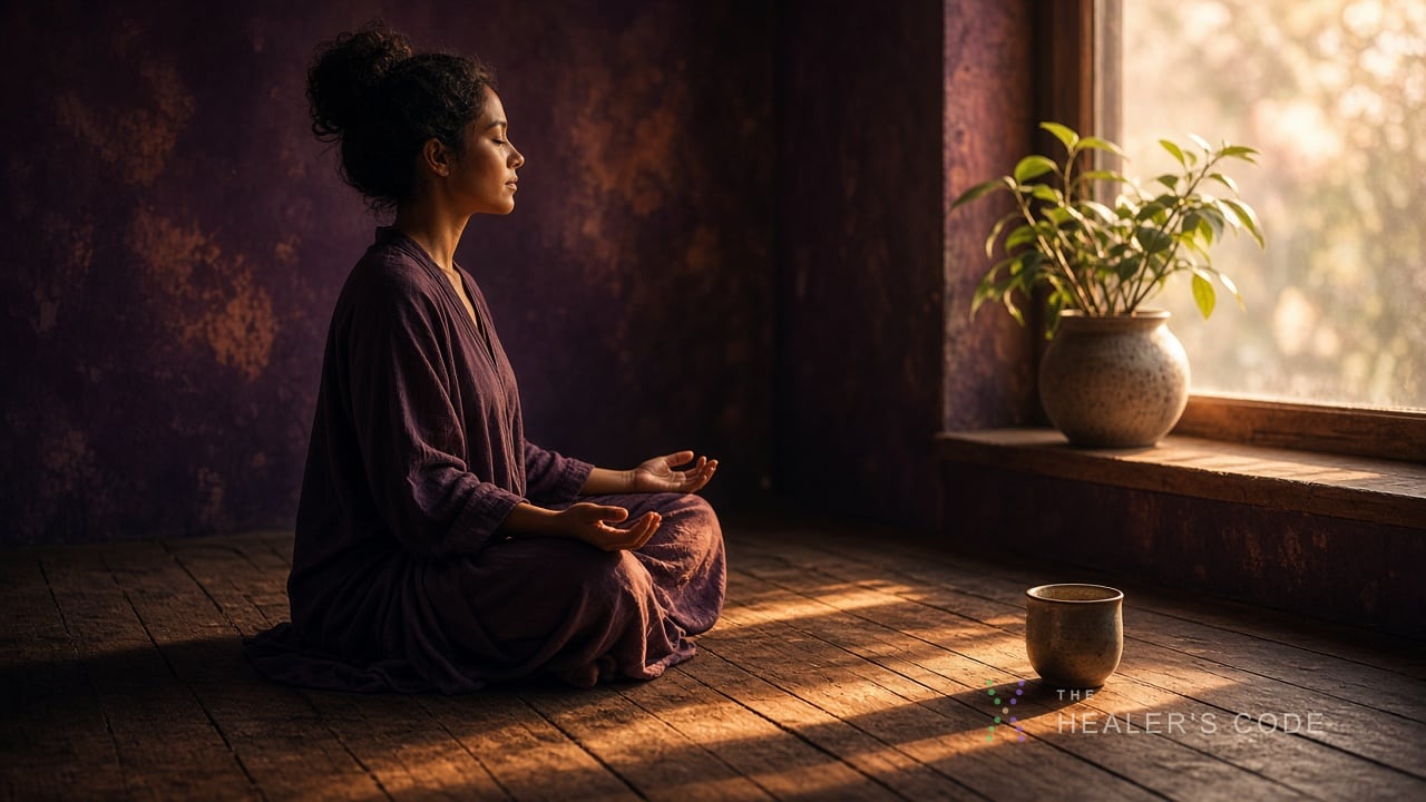 A person sitting on a wooden floor by a window with open hands resting on their knees