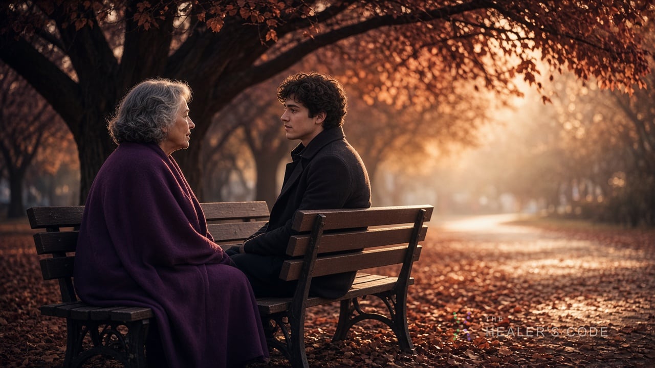 Two people on a park bench under trees while one listens with quiet attention