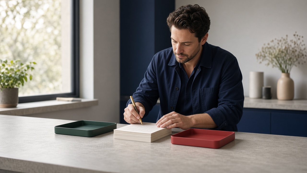An owner reviewing pre-filled draft cards with approve and redo trays, showing the human-in-the-loop step.