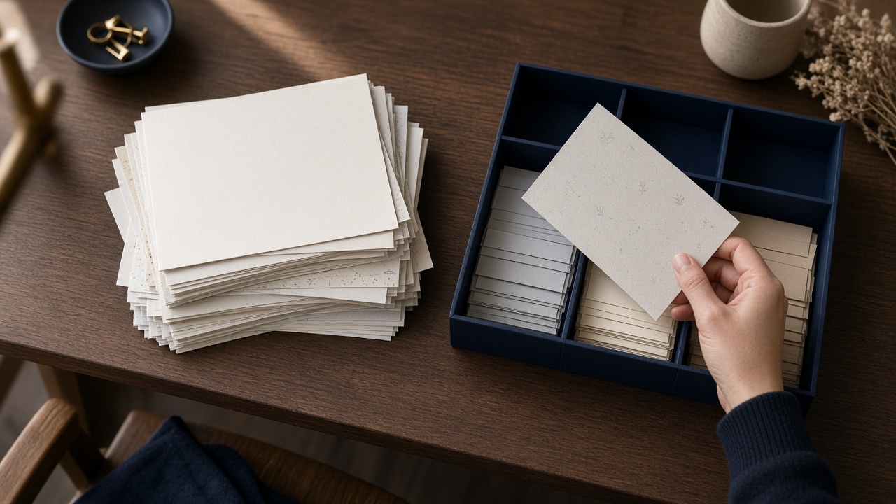 Incoming notes on the left sorted into tidy trays on the right with a hand reviewing one, showing draft-then-approve work.