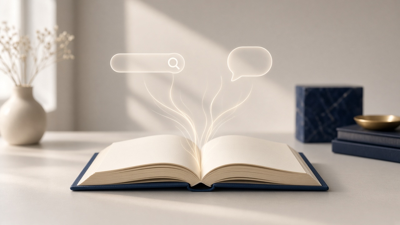 A book with glowing lines rising from its pages toward a search bar and a chat bubble, showing one source feeding both