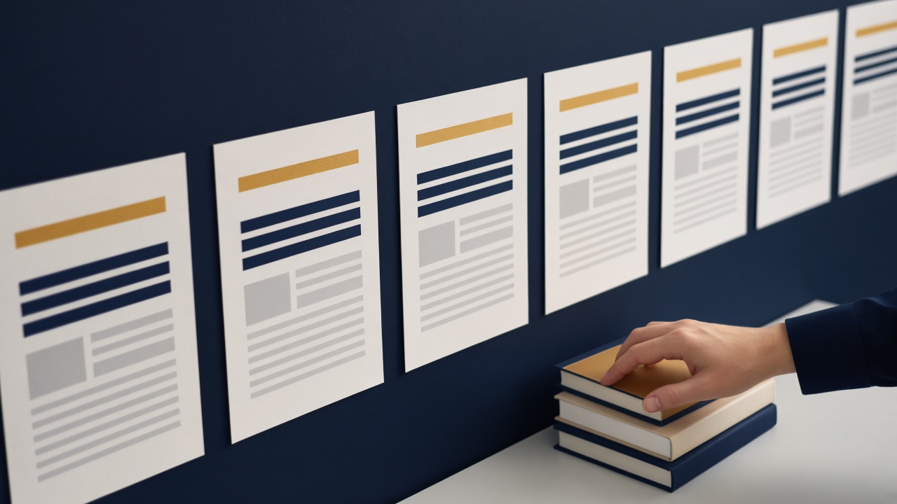 Identical page templates on a wall filled with different content, illustrating a repeatable structure used at volume