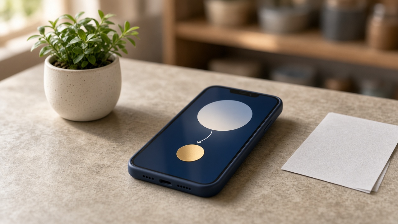 A phone on a counter showing a simple one-tap review request message next to a receipt