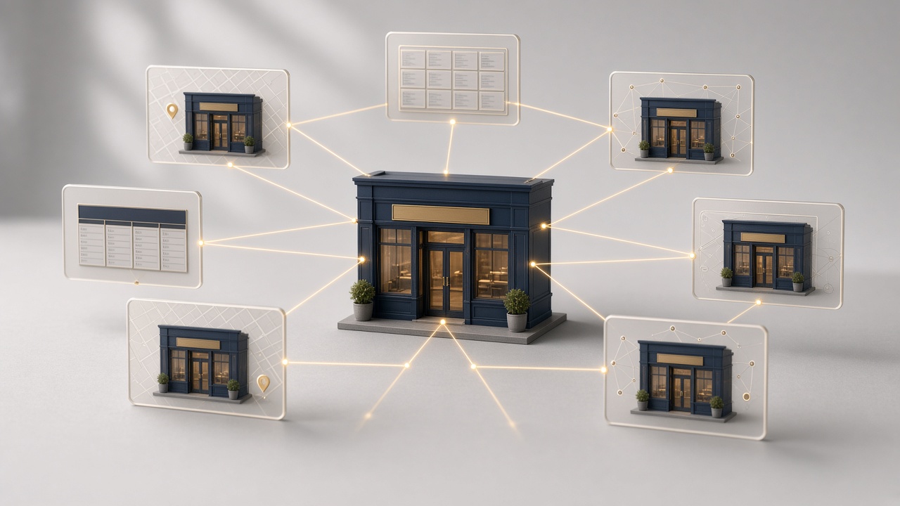 One storefront connected by lines to matching listing cards showing identical business details across the web