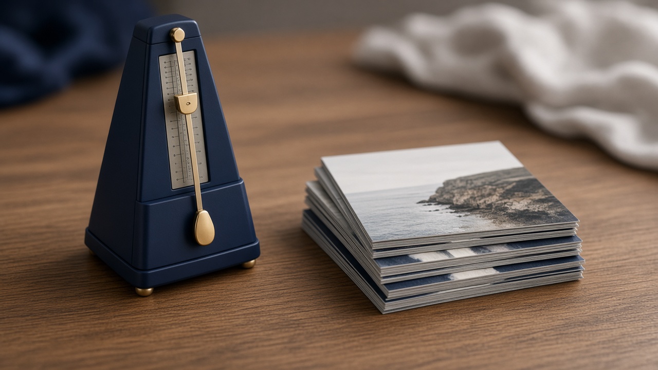 A metronome beside a neat stack of photo cards, illustrating steady rhythm over scattered effort