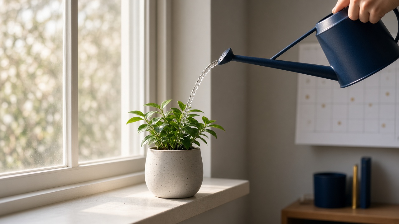 A plant on a windowsill watered steadily, suggesting consistent small effort over time