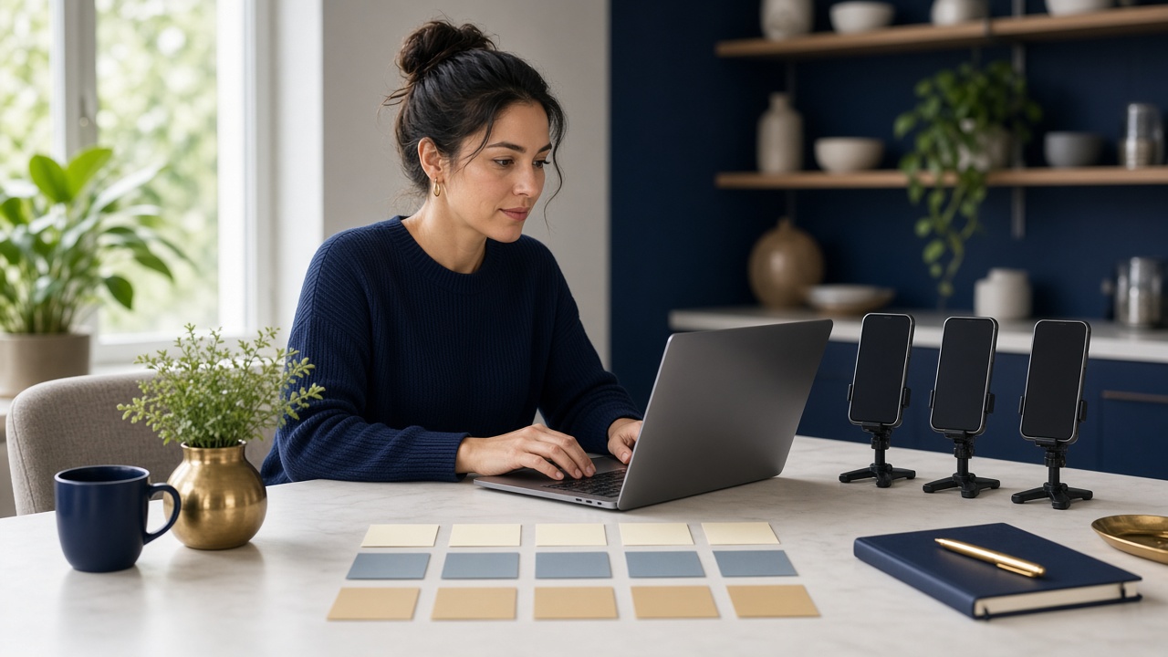 A person batching a month of social content at a kitchen table with laptop and phone stands