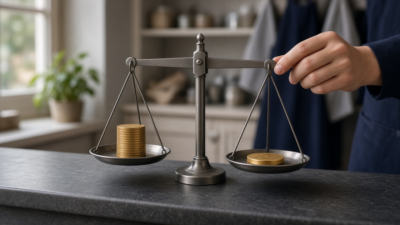 A balance scale weighing a stack of coins against one large coin, illustrating margin versus marketing spend