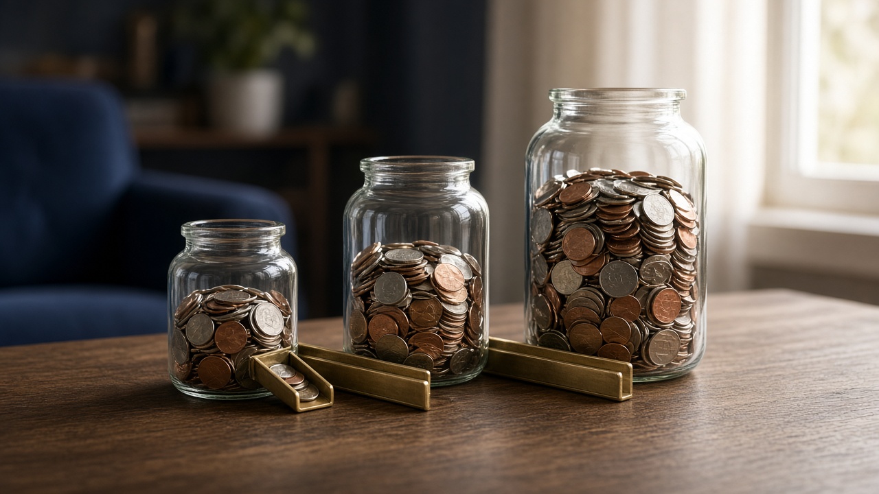 Three coin jars of increasing size linked by channels, showing marketing budget growing with revenue stages