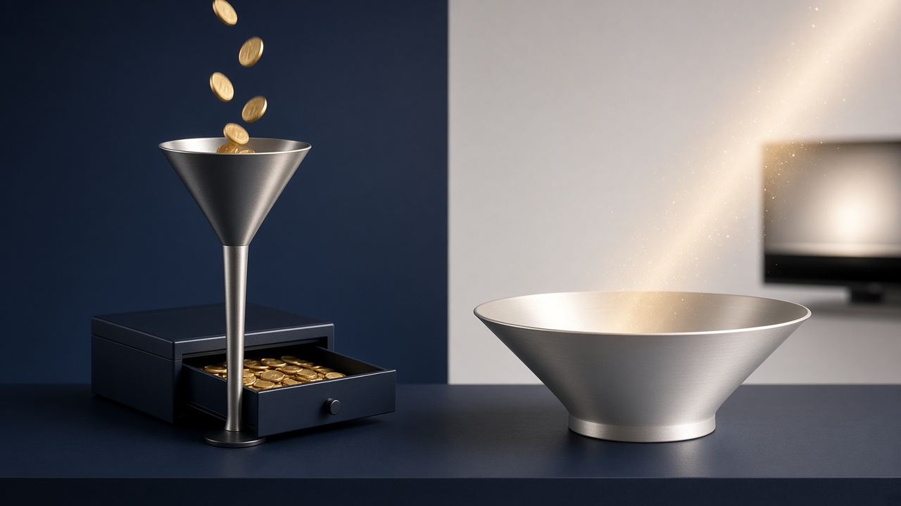 Two funnels side by side representing demand capture feeding a register and demand creation drawing from a screen