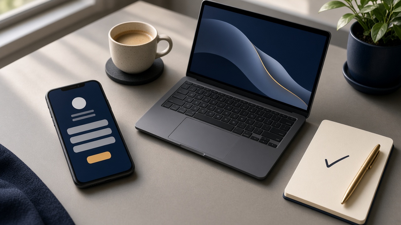 A phone showing a contact form beside a laptop on a small business desk in warm daylight