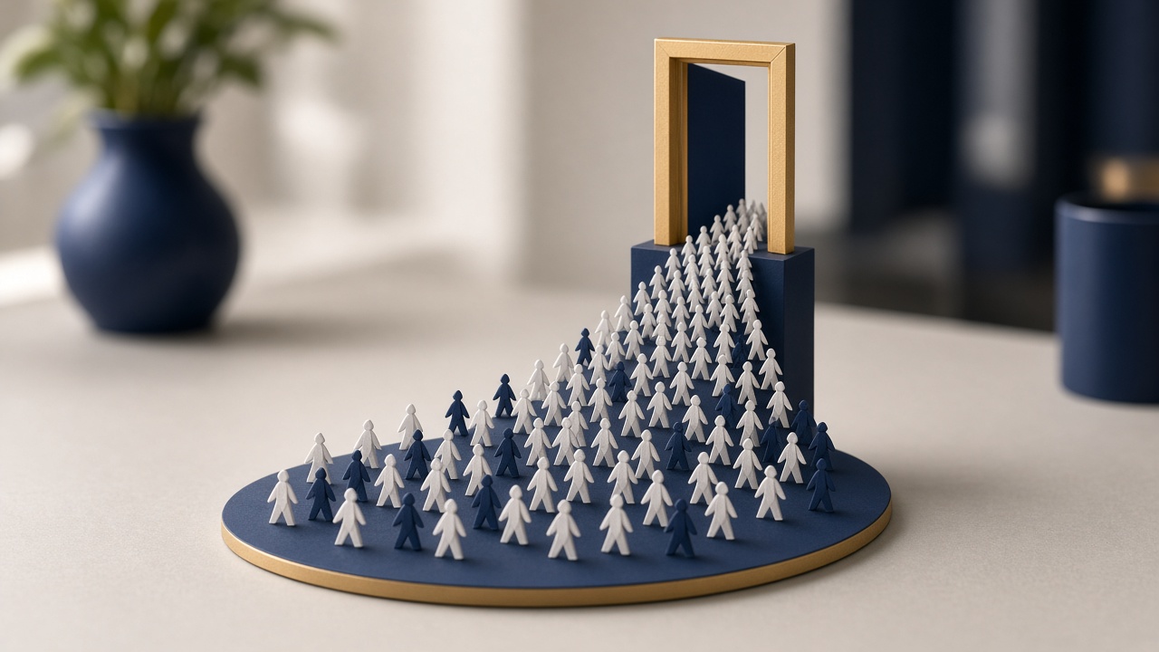 A paper-figure diorama showing most visitors drifting away before reaching one open doorway