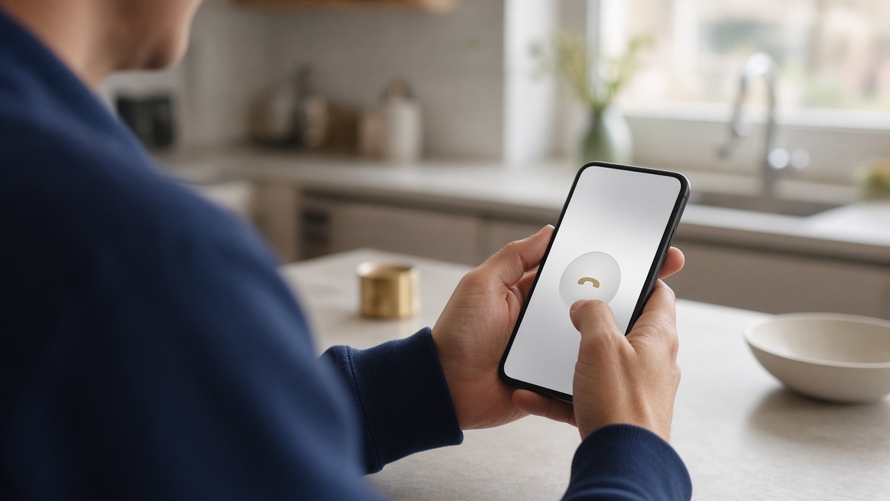A hand about to tap a single clear call button on a simple website viewed on a phone