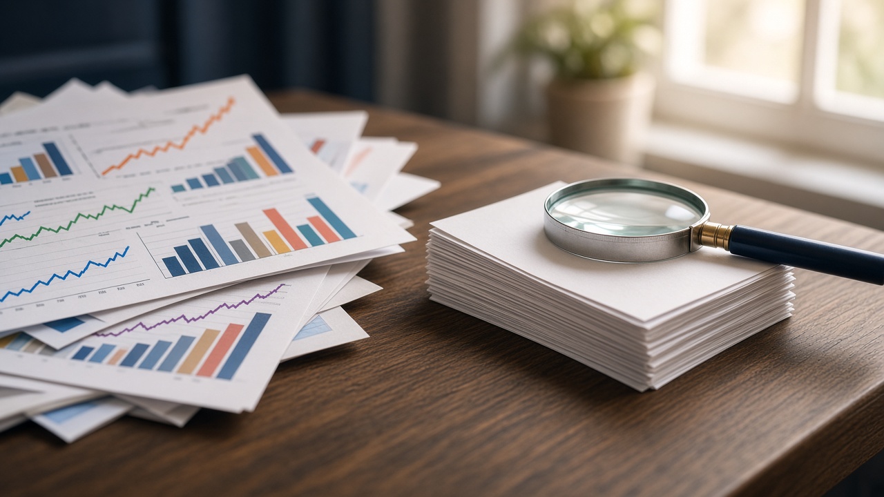 A desk divided between busy activity charts on one side and a stack of real customer receipts on the other