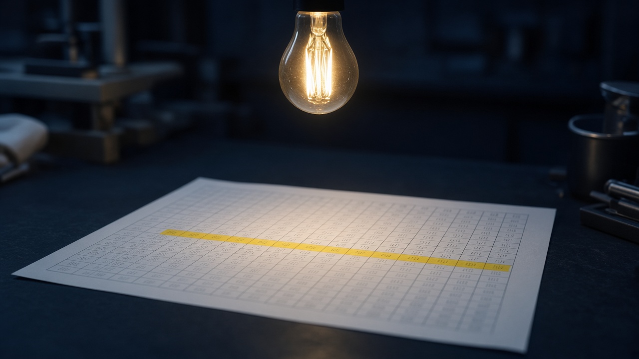 A highlighted row on a printed spreadsheet under a single light, showing one channel picked out from many