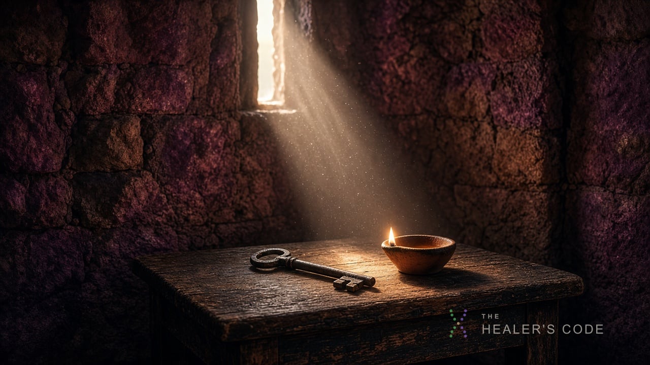 Daylight through a high window falling on an iron key and oil lamp in a stone room