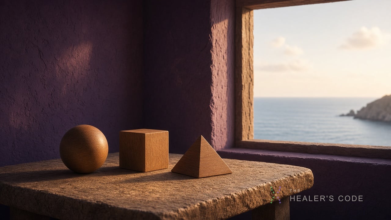 Wooden sphere, cube, and pyramid on a sunlit stone table beside a sea window