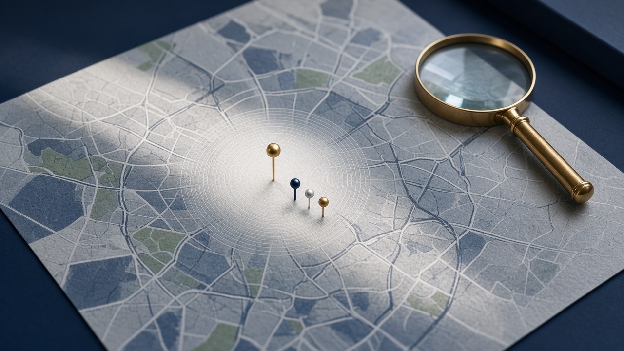 A city map with three business pins near a central marker and a distance circle, showing how proximity affects local ranking.