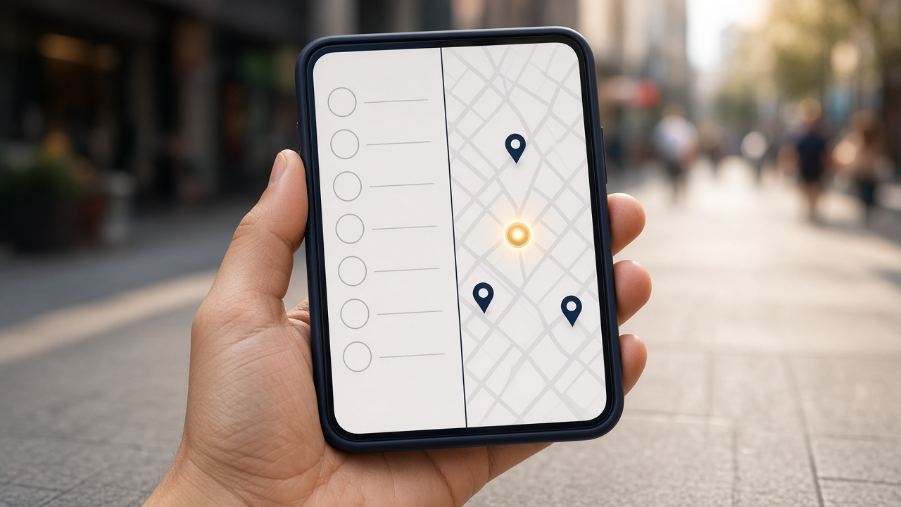A phone showing a plain list of results beside a small map with three location pins, illustrating two ranking systems.