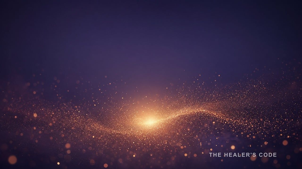A field of gold light particles dissolving into a deep indigo twilight sky