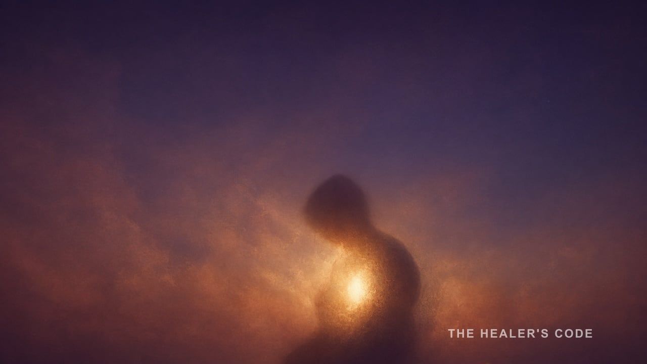 A human silhouette melting into warm gold light against deep indigo twilight