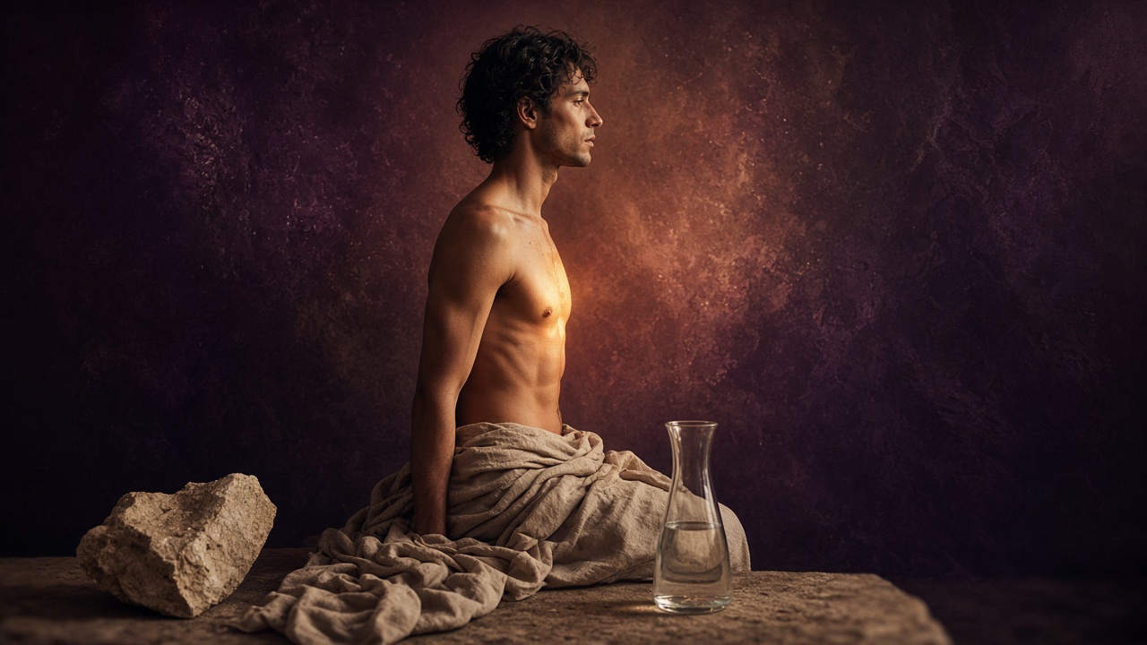 A figure sits in quiet profile inside a dim chamber of deep plum and cosmic ink, linen pooling at the hips while the bare