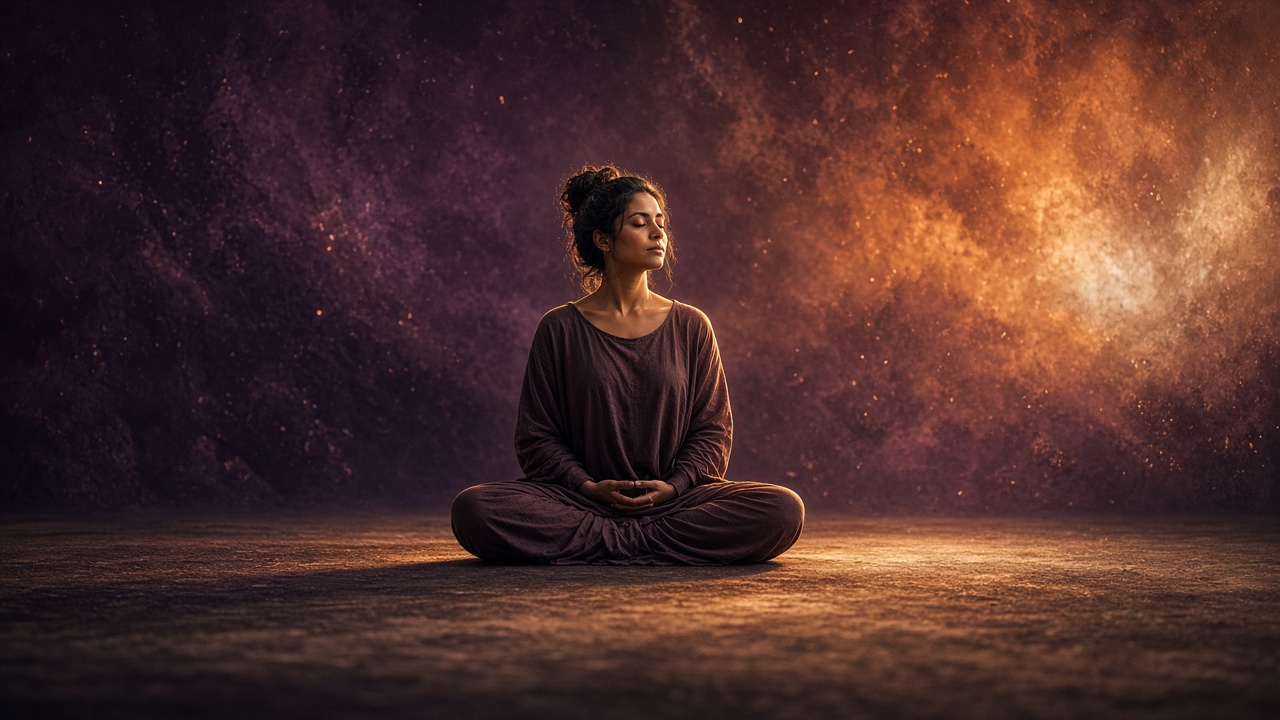 Person sitting on the floor in a calm environment, lotus position, doing deep breathing
