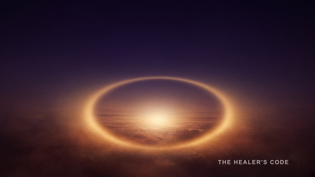 A circular gold opening of light glowing in deep indigo twilight