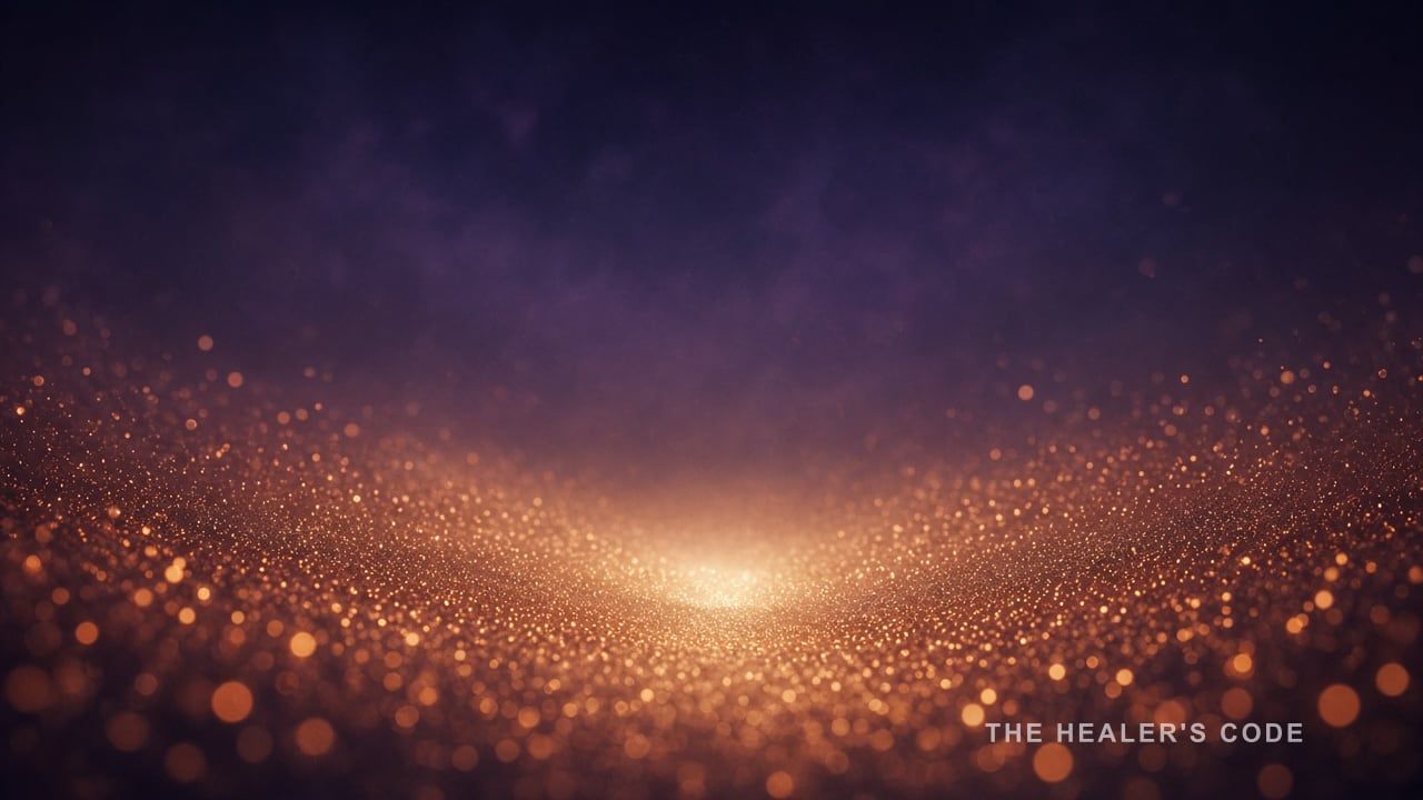 Gold light particles converging toward a center in open indigo twilight haze
