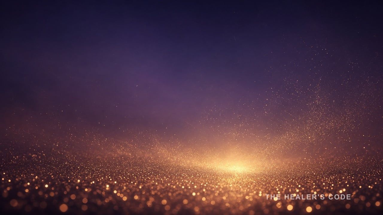 Gold light particles converging in a dark indigo and violet twilight haze