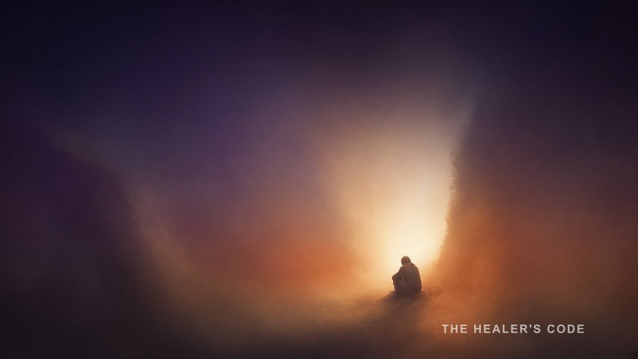 Gold threshold of light opening in a deep indigo void, haze receding, no floor