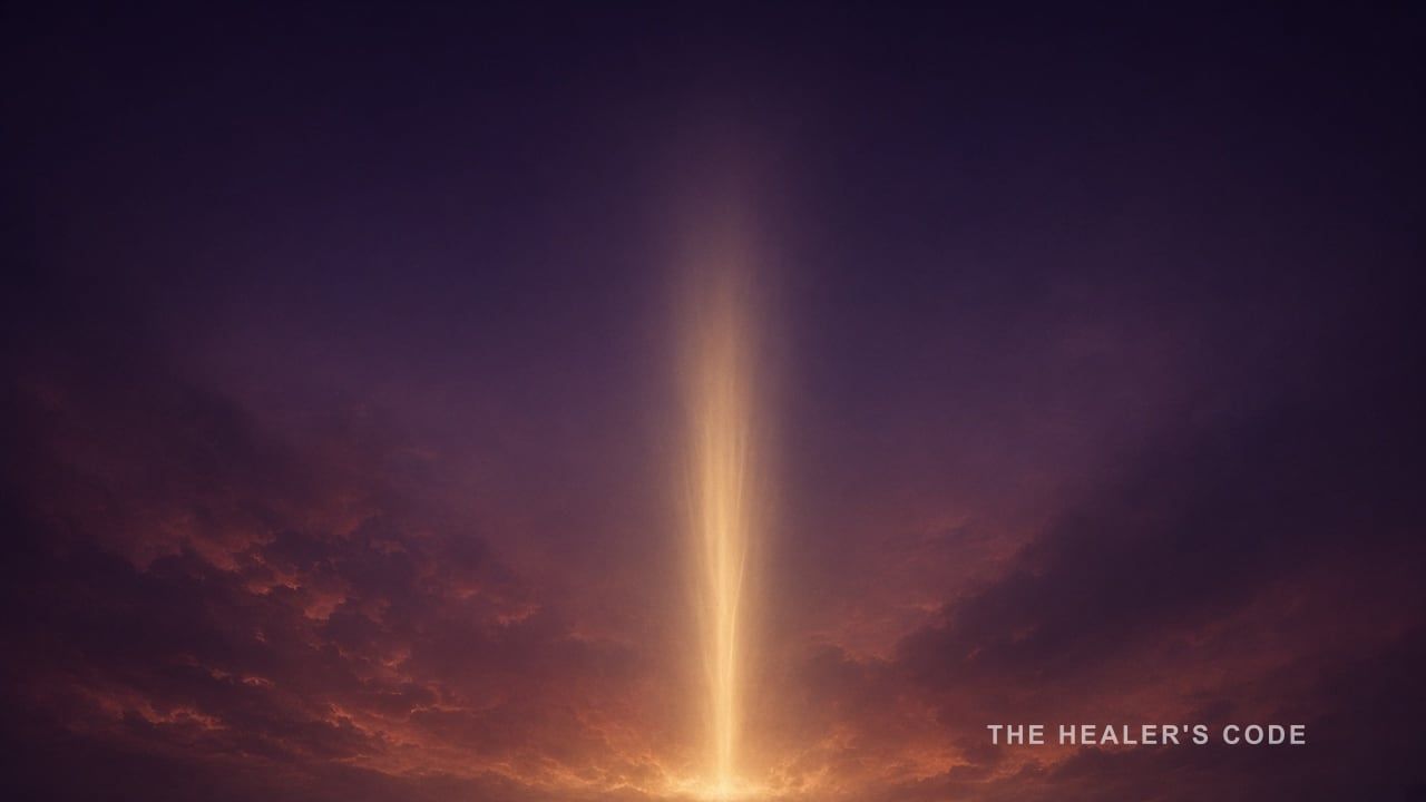 A column of gold light rising through open indigo twilight