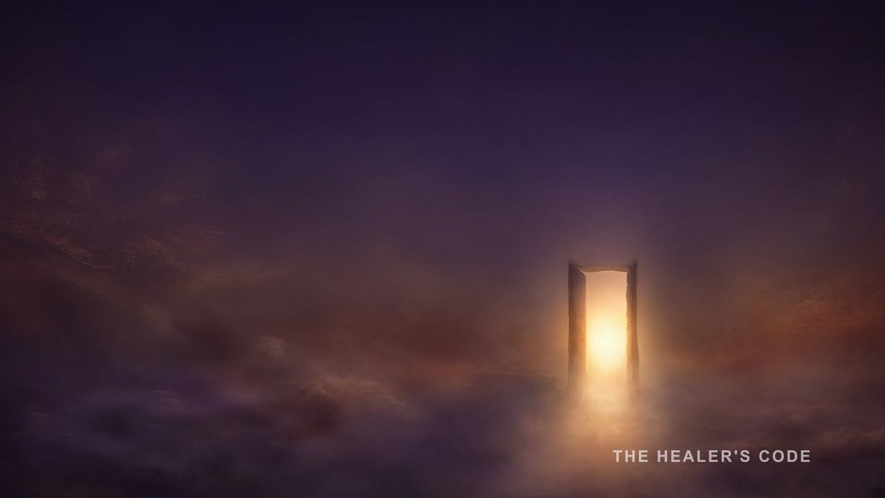 A gold doorway of light opening in deep indigo twilight haze