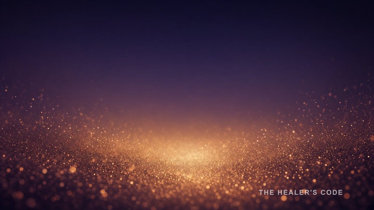 Gold light particles converging in open deep indigo twilight, no horizon line