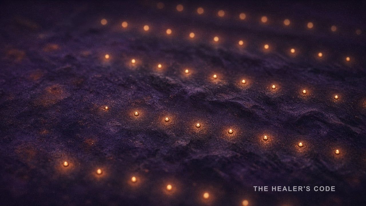 Even rows of amber points of light on an indigo ground