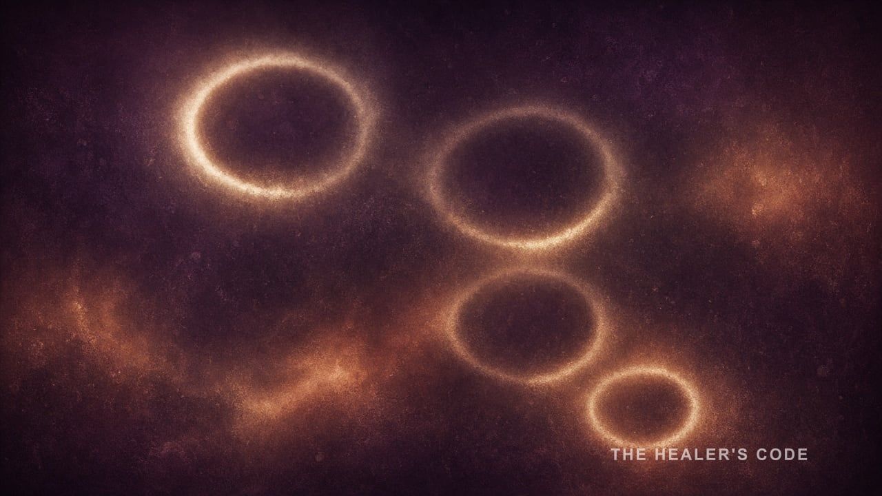 Open rings of cream light spaced across a deep plum field