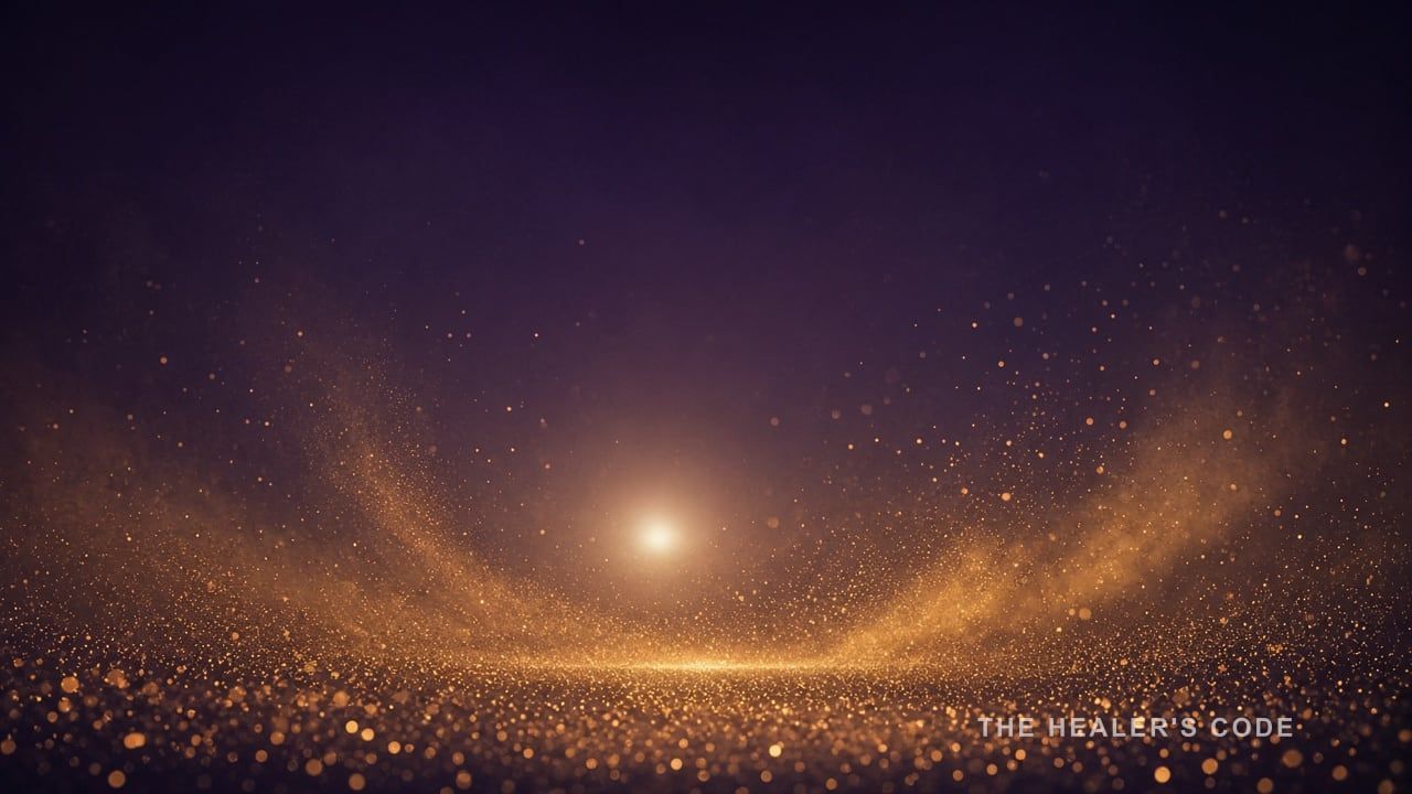 A field of gold particles falling through deep indigo open space